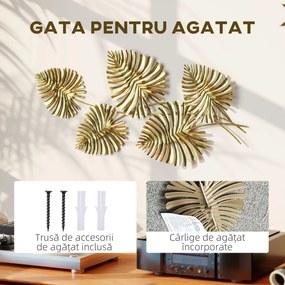 HOMCOM Artă Murală cu 5 Frunze de Monstera și Accesorii pentru Montaj Incluse, Decorațiuni Murale din Metal, 83x2.5x39 cm, culoare Aurie | Aosom Romania