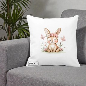 Perna Decorativa Iepuras cu Coronita Florala Roz, 40x40 cm, Alba Mata, Husa Detasabila, Perna Inclusa, BEKZ®