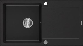 Mexen Leo chiuvetă de granit cu 1 cuvă și scurgător 900 x 500 mm, negru, sifon crom - 6501901010-77