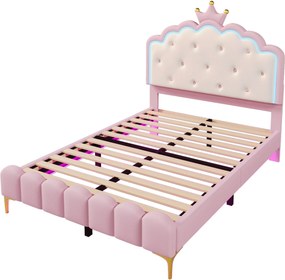 Pat tapițat 140x200 cm cu somieră cu lamele, formă de prințesă moștenitoare, fără saltea, Roz