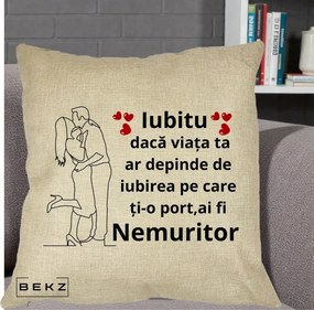 Cadou pentru Iubit - Perna Personalizata Iubitu Nemuritor cu Cuplu Line-Art si Inimi Rosii, 40x40 cm, Crem, Husa Detasabila, Perna Inclusa, BEKZ®