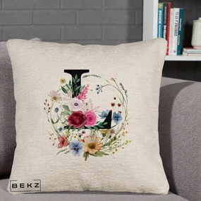 Cadou Personalizat - Perna Personalizata Monogram Litera L cu Flori Acuarela, 40x40 cm, Bej Canapea, Husa Detasabila, Perna Inclusa, BEKZ®