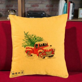 Perna Decorativa Camioneta Rosie Brad de Craciun, 40x40 cm, Galben, Husa Detasabila, Perna Inclusa, BEKZ®