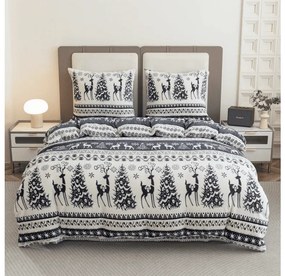 Set 2 buc Lenjerie cocolino WINTER DEER gri + Cearsaf Cocolino microplus cu elastic SOFT 180x200 cm alb, pat dublu