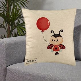 Perna Decorativa Buburuza cu Balon Rosu, 40x40 cm, Bej, Husa Detasabila, Perna Inclusa, BEKZ®