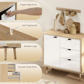 HOMCOM Credență de bucătărie cu 3 sertare și dulap Alb lucios și stejar | Aosom Romania