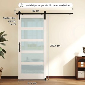 HOMCOM Ușă Glisantă 91.4x213.4cm cu Kit, Panouri din Sticlă, Aspect Lemn Alb | Aosom Romania