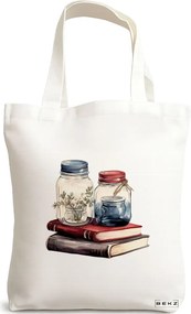 Sacosa de Panza pentru Cumparaturi, Geanta Tote, model Books and flowers 7 38 x 34.5 cm, Alba, BEKZ®