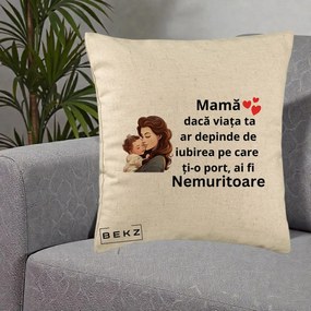 Cadou pentru Mama - Perna Personalizata Mama Nemuritoare cu Bebelus Lineart, 40x40 cm, Bej, Husa Detasabila, Perna Inclusa, BEKZ®