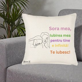 Cadou pentru Sora - Perna Personalizata Sora Mea Te Iubesc Line Art Fete Colorate Brate Ridicate, 40x40 cm, Crem Reliefat, Husa Detasabila, Perna Inclusa, BEKZ®