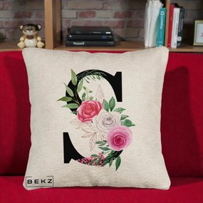 Cadou Personalizat - Perna Personalizata Monograma Florala Litera S, 40x40 cm, Bej Canapea, Husa Detasabila, Perna Inclusa, BEKZ®