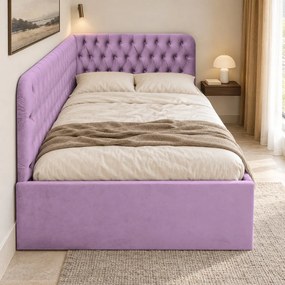 Pat tapițat pentru copii din catifea Elyra 140×200 cm, lila, colț stânga, cu ladă de depozitare