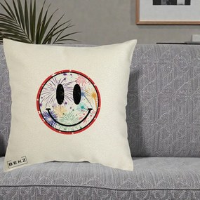 Perna Decorativa Smiley Face cu Artificii Multicolore, 40x40 cm, Ecru, Husa Detasabila, Perna Inclusa, BEKZ®