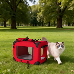 PawHut Transportin pliabil pentru câini 60x41,5x41 cm cu ferestre din plasă, pernă moale și 2 mânere pentru câini mici și pisici Roșu | Aosom Romania