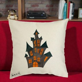 Perna Decorativa Halloween Casa Bantuita Minimalista, 40x40 cm, Ecru, Husa Detasabila, Perna Inclusa, BEKZ®