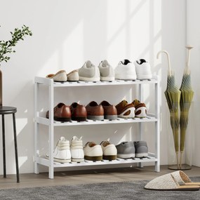 HOMCOM Etajeră pentru încălțăminte, suport pentru pantofi 3 niveluri, rafturi cu lamele, din lemn de pin， 70 x 26 x 57,5 cm, alb | Aosom Romania