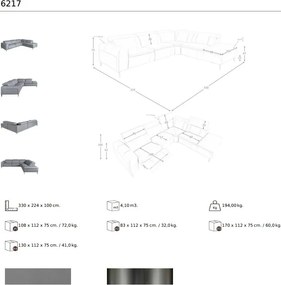 Coltar 5 locuri, Functia Relax, Sezlong Dreapta, Cowhide gri