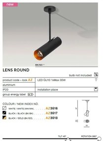 Spot directionabil cu brat, aplicat de tavan/plafon LENS ROUND negru/auriu