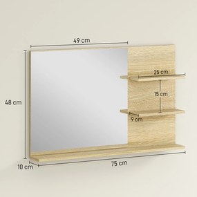 kleankin Oglindă de Baie cu 2 Rafturi Laterale și Raft Inferior, Culoare Lemn | Aosom Romania