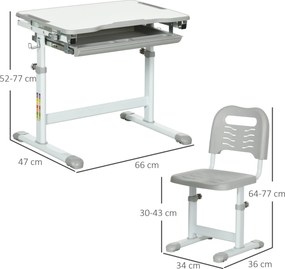 HOMCOM Set Masă și Scaun pentru Copii 6-12 ani, Reglabil pe Înălțime, cu Blat Înclinabil la 45°, 66x47x52-77 cm, Gri | Aosom Romania