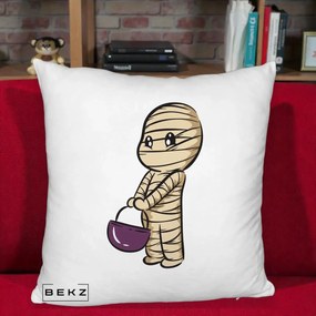 Perna Decorativa Halloween Mummy Kawaii cu Cos, 40x40 cm, Alb Pufos, Husa Detasabila, Perna Inclusa, BEKZ®