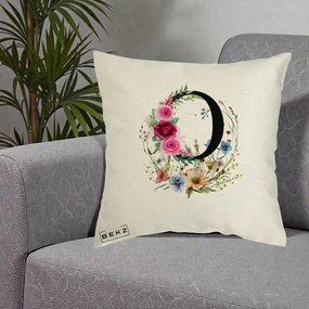 Cadou Personalizat - Perna Personalizata Monogram Litera O cu Flori Acuarela, 40x40 cm, Ecru, Husa Detasabila, Perna Inclusa, BEKZ®