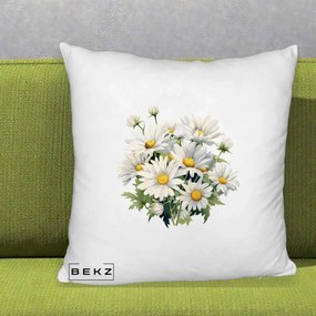 Perna Decorativa Buchet Margarete Albe Acuarela, 40x40 cm, Alb Pufos, Husa Detasabila, Perna Inclusa, BEKZ®
