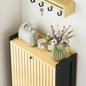 HOMCOM Mobila pentru pantofi 18 perechi cu 3 sertare rabatabile, uși din bambus cu lamele, 60x24x118cm, negru și lemn natural | Aosom Romania