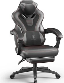 RESIGILAT- DOWINX Scaun gaming, ergonomic, suport lombar cu masaj, Șezut cu Arcuri Metalice și Spumă, Spătar înalt, rabatabil 90°-145°, Buzunar depozitare, Suport picioare, rezistent 150 kg, material PU respirabil, Negru/Gri