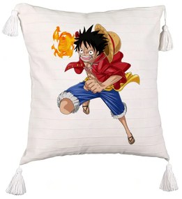 Perna Decorativa cu Franjuri cu One Piece Luffy, 45x45 cm, Ecru, Cu fermoar