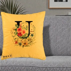 Cadou Personalizat - Perna Personalizata Monogram Litera U cu Flori Acuarela, 40x40 cm, Galben, Husa Detasabila, Perna Inclusa, BEKZ®