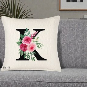 Cadou Personalizat - Perna Personalizata Monograma Florala Litera K, 40x40 cm, Crem Reliefat, Husa Detasabila, Perna Inclusa, BEKZ®