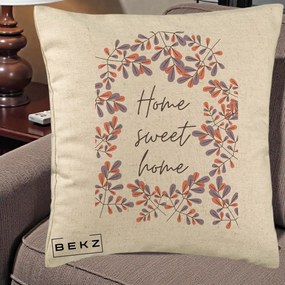 Perna Decorativa Home Sweet Home Frunze Colorate, 40x40 cm, Bej, Husa Detasabila, Perna Inclusa, BEKZ®