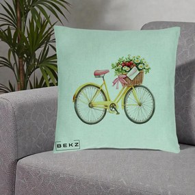 Perna Decorativa Bicicleta Galbena cu Cos de Flori Primavara, 40x40 cm, Verde Menta, Husa Detasabila, Perna Inclusa, BEKZ®