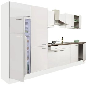 Mobilă de bucătărie Yorki 330, corp alb, față alb satinat, dulap cu rafturi și frigider cu congelator superior