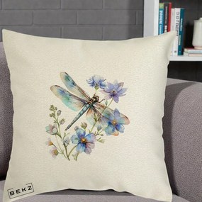 Perna Decorativa Libelula Acuarela Flori Albastre, 40x40 cm, Ecru, Husa Detasabila, Perna Inclusa, BEKZ®