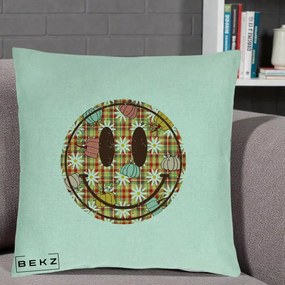 Perna Decorativa Smiley Face de Toamna cu Tartan si Dovlecei, 40x40 cm, Verde Menta, Husa Detasabila, Perna Inclusa, BEKZ®
