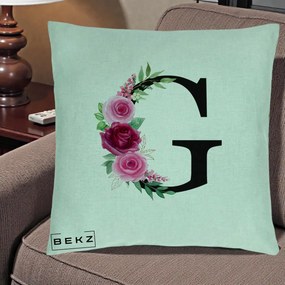 Cadou Personalizat - Perna Personalizata Monograma Florala Litera G, 40x40 cm, Verde Menta, Husa Detasabila, Perna Inclusa, BEKZ®