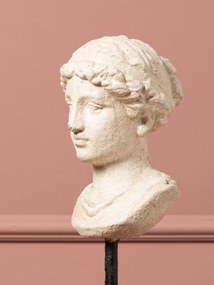 Sculptură decorativă bust antic de femeie din rășină, natur, pe piedestal din lemn, finisaj antichizat, 35,5 x 9 x 10,5 cm, „Lucretia”