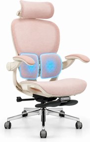 Scaun ergonomic MORATTI D5, Suport lombar dual 360°, Tetieră 4D, Șezut Zero-Pressure Frameless Mesh, Cotiere Flip-Back 4 poziții, Reclinare 135°, Suport picioare, Roz