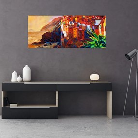 Tablou - Satul de coastă Cinque Terre, Riviera italiană, impresionismul modern (120x50 cm)