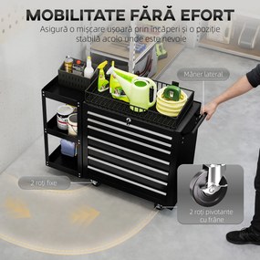 HOMCOM Cărucior pentru Unelte din Oțel cu 7 Sertare, Poliță Laterală Detașabilă, Roți, Capacitate 120kg, Negru | Aosom Romania
