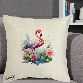 Perna Decorativa Flamingo cu Flori Tropicale Acuarela, 40x40 cm, Ecru, Husa Detasabila, Perna Inclusa, BEKZ®