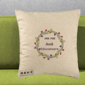 Cadou Educatoare - Perna Personalizata Coronita Florala Colorata, 40x40 cm, Bej, Husa Detasabila, Perna Inclusa, BEKZ®