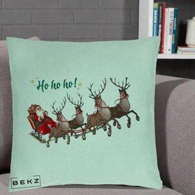 Perna Decorativa Ho Ho Ho Mos Craciun cu Sanie si Reni, 40x40 cm, Verde Menta, Husa Detasabila, Perna Inclusa, BEKZ®