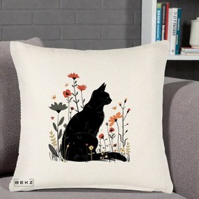Perna Decorativa Pisica Neagra Profil Flori Portocalii, 40x40 cm, Crem Reliefat, Husa Detasabila, Perna Inclusa, BEKZ®