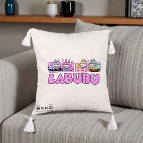 Perna Personalizata Labubu Sleeping Quad, 40x40 cm, Bej cu Franjuri, Husa Detasabila, Perna Inclusa, BEKZ®