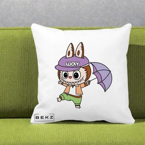 Perna Personalizata Labubu Lucky cu Umbrela, 40x40 cm, Alba Mata, Husa Detasabila, Perna Inclusa, BEKZ®