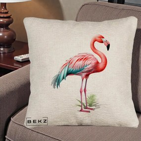 Perna Decorativa Flamingo Roz cu Pene Teal, 40x40 cm, Bej Canapea, Husa Detasabila, Perna Inclusa, BEKZ®