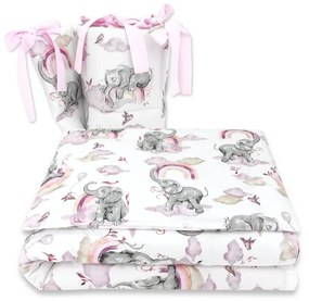 Lenjerie patut 3 piese, Qmini, Pentru patut 140x70 cm, Cu protectie laterala, Din bumbac certificat Oeko Tex Standard 100, Elephants on Rainbow Pink